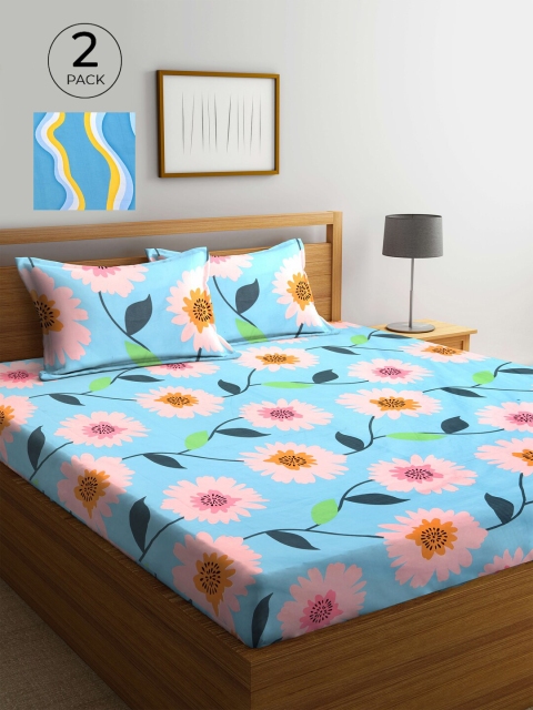 

KLOTTHE Turquoise Blue & Pink 210 TC 2 King Bedsheet with 4 Pillow Covers