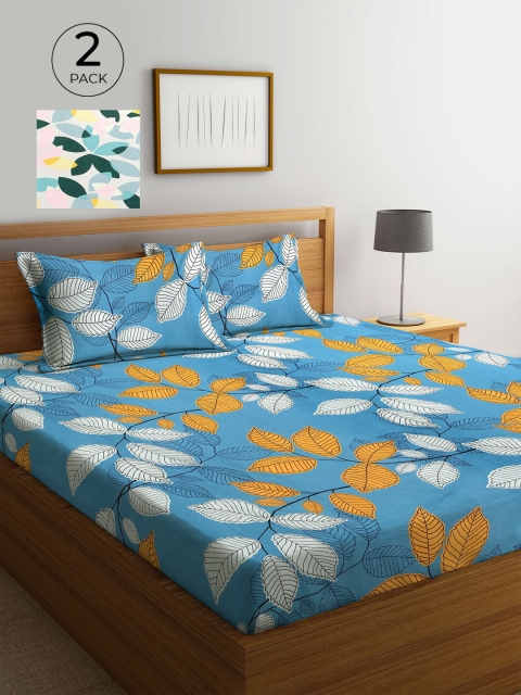 

KLOTTHE Multi Floral 210 TC Polycotton 2 Double Bedsheet with 4 Pillow Covers, Blue
