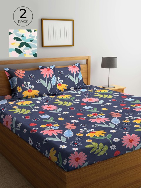 

KLOTTHE Multi Floral 210 TC Polycotton 2 Double Bedsheet with 4 Pillow Covers, Blue