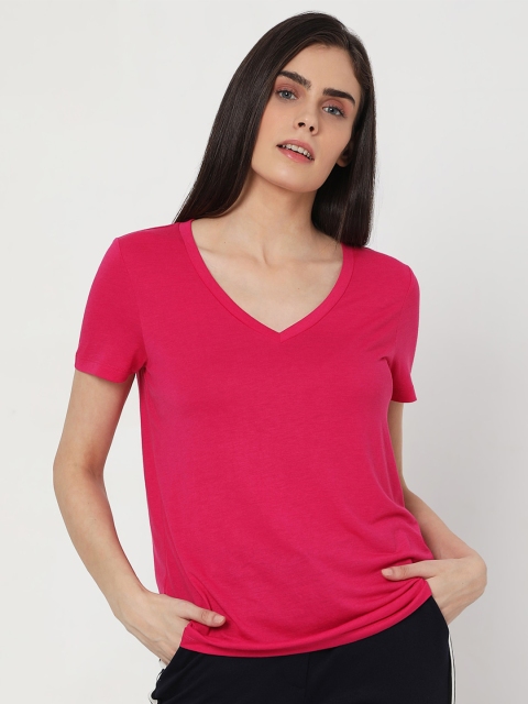 

Vero Moda Women Magenta V-Neck Regular Fit T-shirt