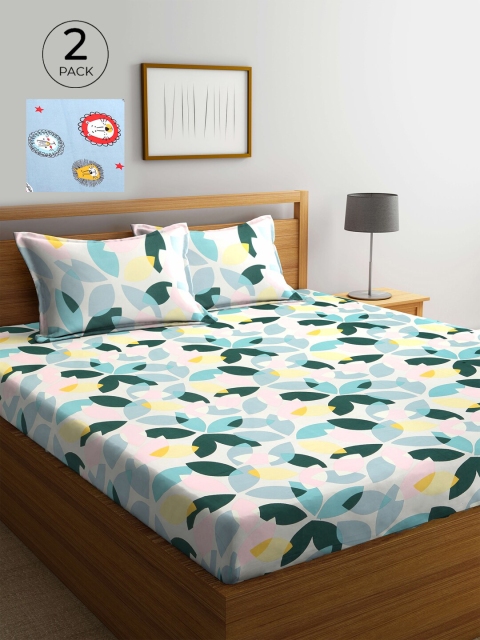 

KLOTTHE Floral 210 TC Polycotton 2 Double Bedsheet with 4 Pillow Covers, White