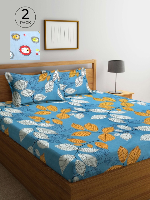 

KLOTTHE Multi Floral 210 TC Polycotton 2 Double Bedsheet with 4 Pillow Covers, Blue