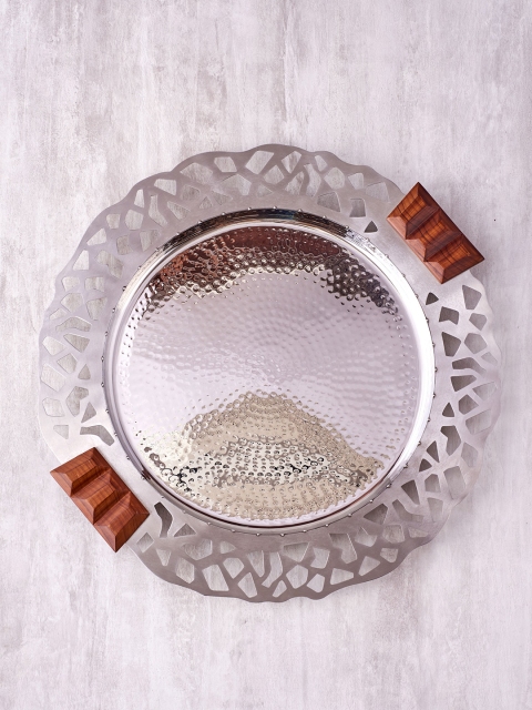 

ARTTDINOX Steel-Toned Textured Stainless Steel & Teak Wood Burano Round Tray