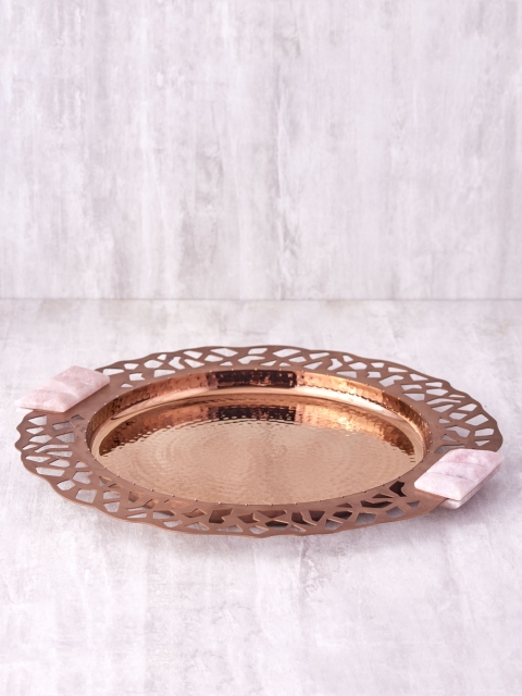 

ARTTDINOX Rose Gold-Toned Textured Stainless Steel & Wooden Round Tray