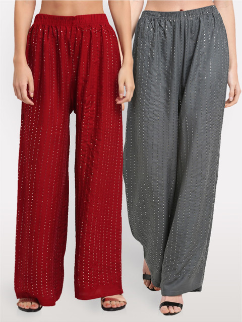 

NEUDIS Women Pack Of 2 Maroon & Grey Embroidered Ethnic Palazzos