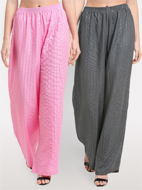 

NEUDIS Women Pack Of 2 Pink & Grey Embroidered Ethnic Palazzos