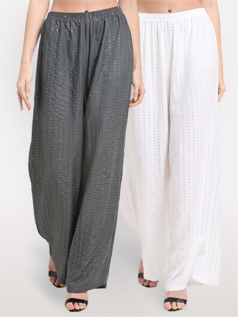 

NEUDIS Women Pack Of 2 Grey & White Embroidered Ethnic Palazzos