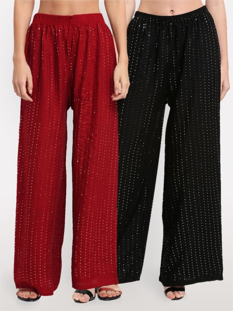 

NEUDIS Women PacK Of 2 Maroon & Red Embroidered Ethnic Palazzos