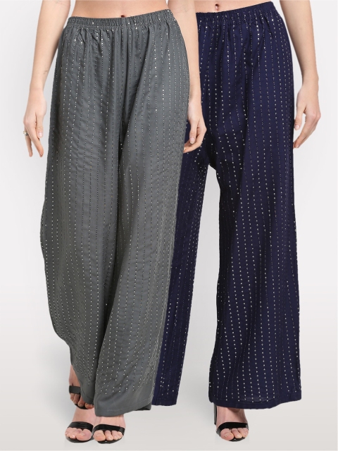 

NEUDIS Women Navy Blue & Grey Pack of 2 Embroidered Ethnic Palazzos