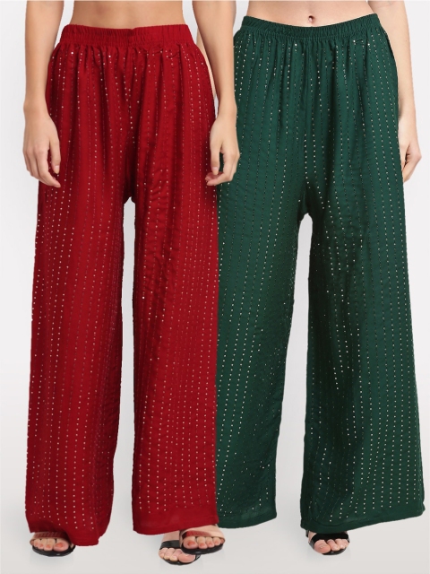 

NEUDIS Women Maroon & Green Pack Of 2 Embellished Ethnic Palazzos