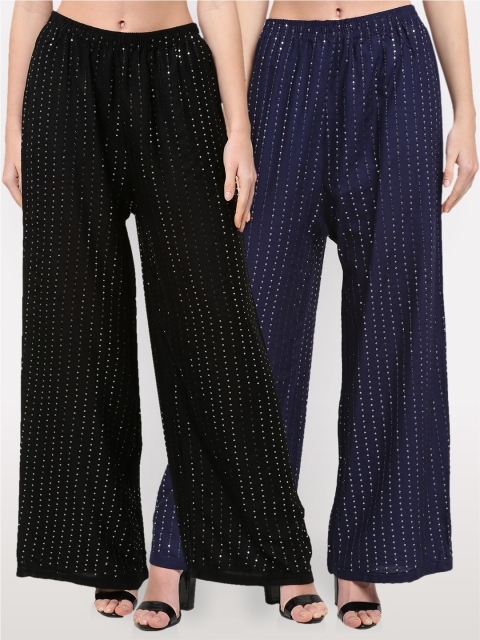 

NEUDIS Women Black & Navy Blue Pack of 2 Embroidered Ethnic Palazzos