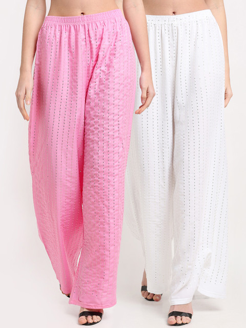 

NEUDIS Women Pink & White Pack Of 2 Embroidered Ethnic Palazzos