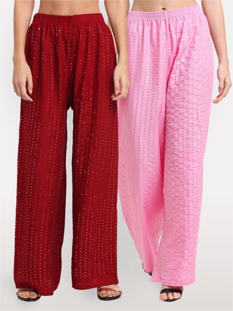 

NEUDIS Women Maroon & Pink 2 Embroidered Ethnic Palazzos