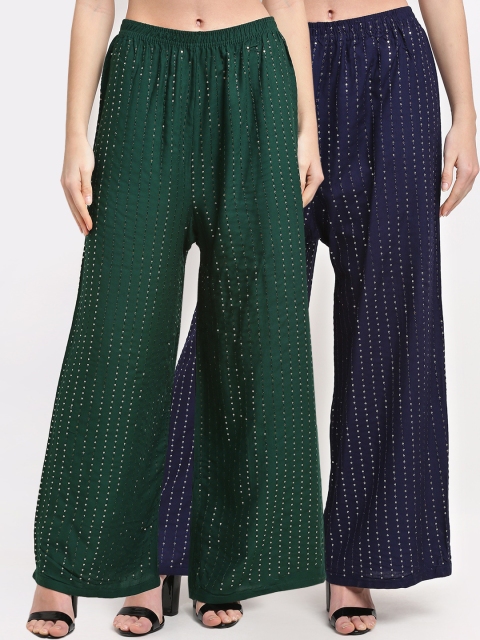 

NEUDIS Women Green & Navy Blue Pack Of 2 Embroidered Ethnic Palazzos