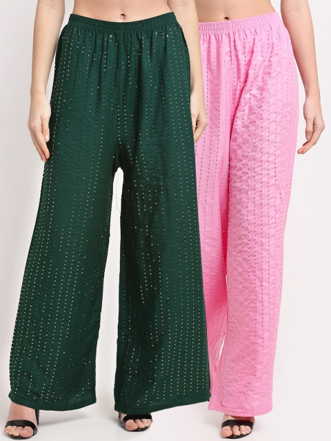 

NEUDIS Women Pink & Green Pack Of 2 Embellished Ethnic Palazzos