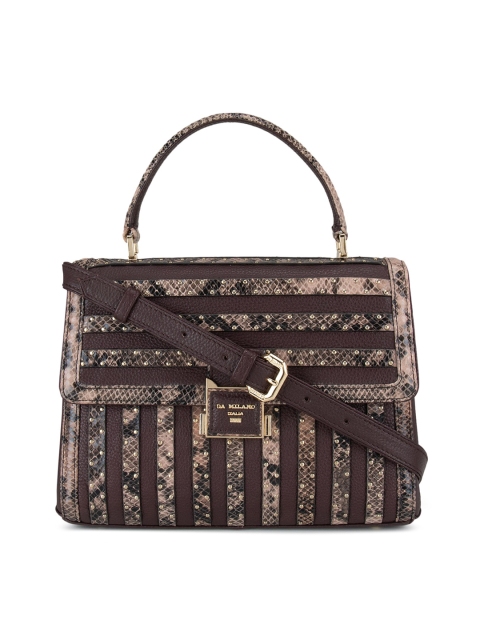 

Da Milano Brown Leather Structured Handheld Bag with Cut Work