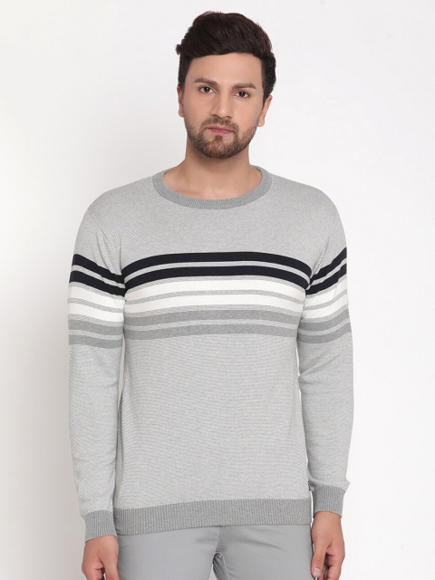 

METTLE Men Grey & Black Striped Pullover Sweater