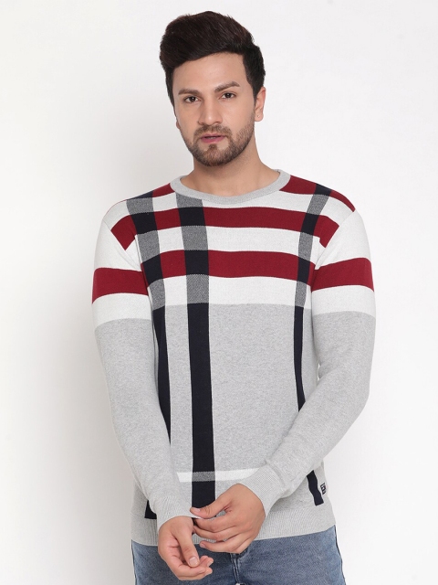 

METTLE Men Grey & Maroon Checked Pullover Sweater