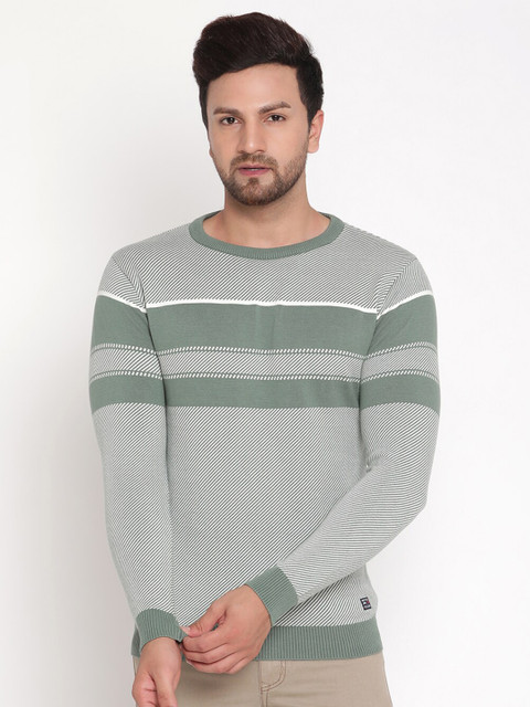 

METTLE Men Olive Green Striped Pullover Sweater