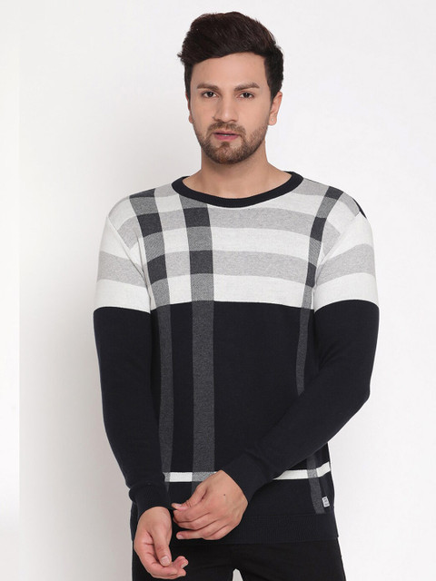 

METTLE Men Navy Blue & White Checked Pullover