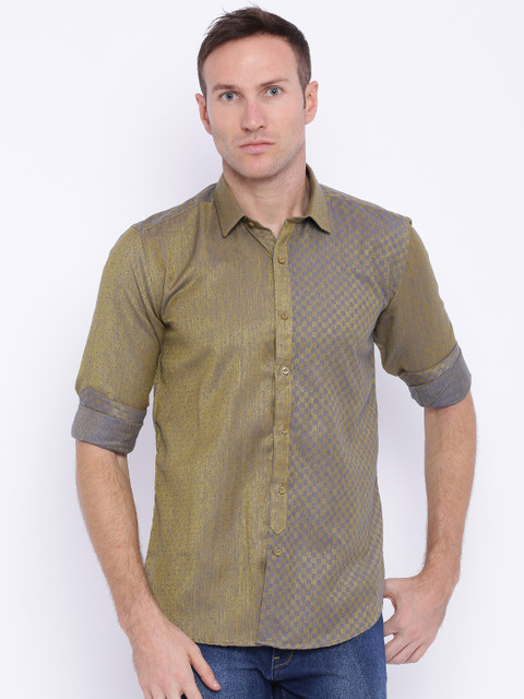 

Four One Oh Men Khaki Slim Fit Self-Design Casual Shirt