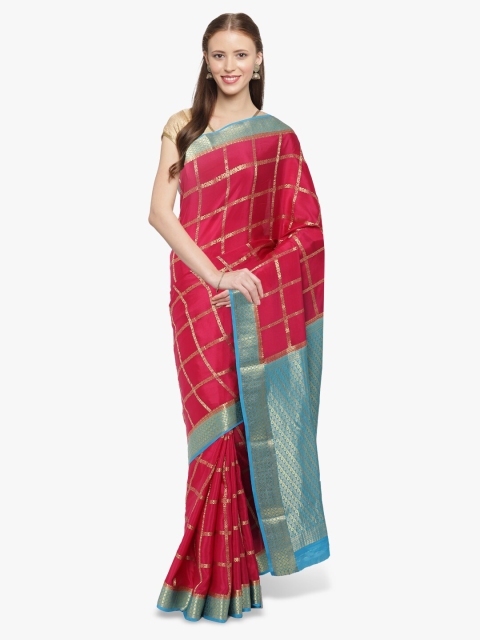 

Sudarshan Silks Pink & Blue Checked Zari Handloom Pure Mysore Silk Saree