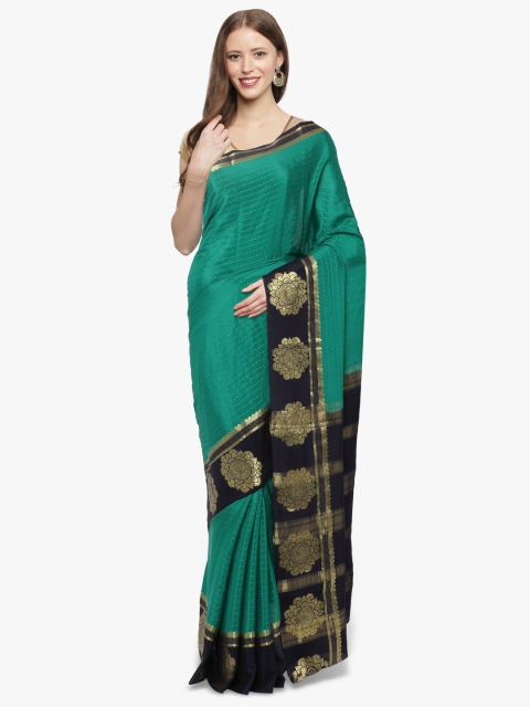 

Sudarshan Silks Green & Navy Blue Woven Design Zari Handloom Pure Mysore Silk Saree