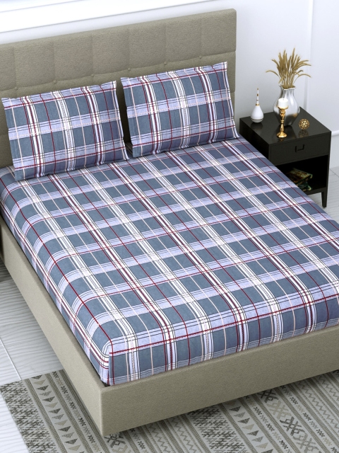 

DREAM WEAVERZ Grey & Blue Geometric Glazed Cotton 220 TC King Bedsheet with 2 Pillow Covers