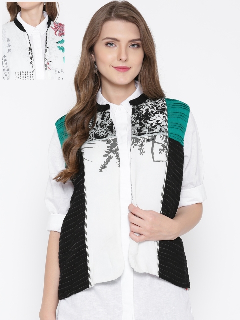 

W White & Black Printed Reversible Sleeveless Ethnic Jacket