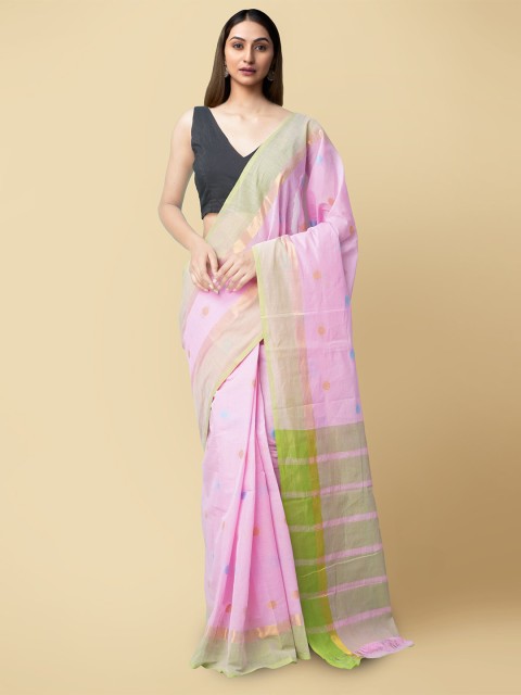 

Unnati Silks Pink & Green Zari Pure Cotton Handloom Sustainable Chettinad Saree