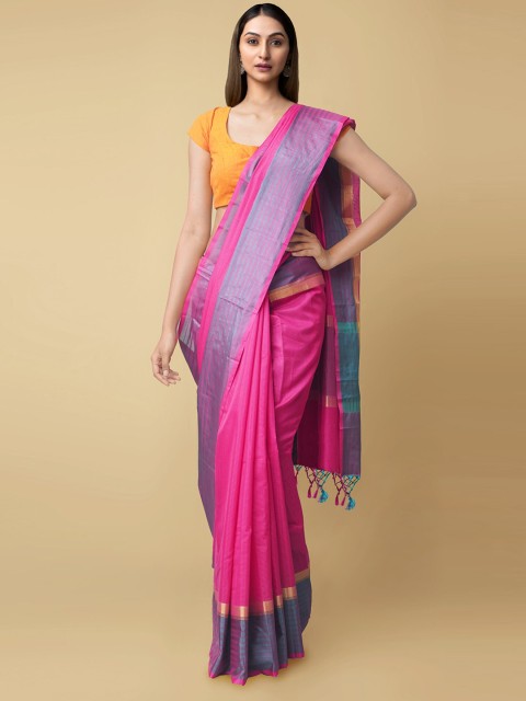 

Unnati Silks Pink & Blue Striped Art Silk Handloom Patola Saree