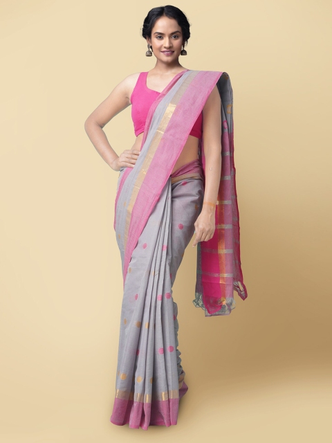 

Unnati Silks Grey & Pink Woven Design Pure Cotton Handloom Sustainable Chettinad Saree