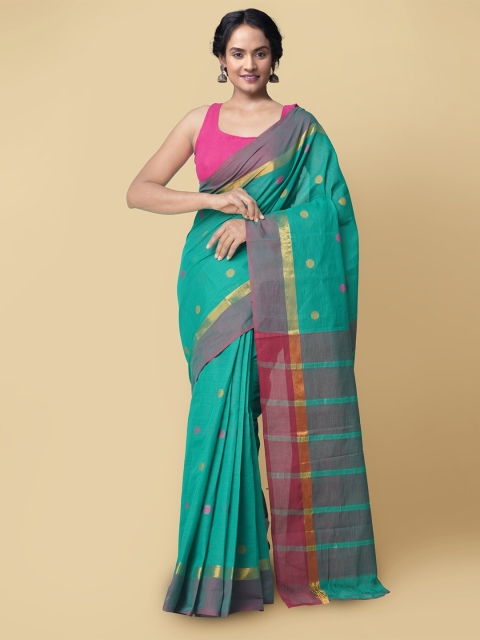 

Unnati Silks Green & Gold-Toned Pure Cotton Handloom Sustainable Chettinad Saree