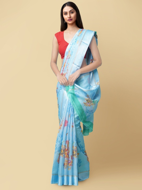 

Unnati Silks Blue & Orange Floral Organza Handloom Kota Saree