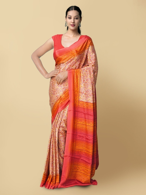 

Unnati Silks Cream-Coloured & Orange Handloom Bandhani Saree