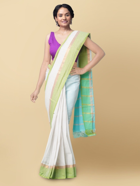 

Unnati Silks White & Green Striped Pure Cotton Handloom Sustainable Mangalagiri Saree