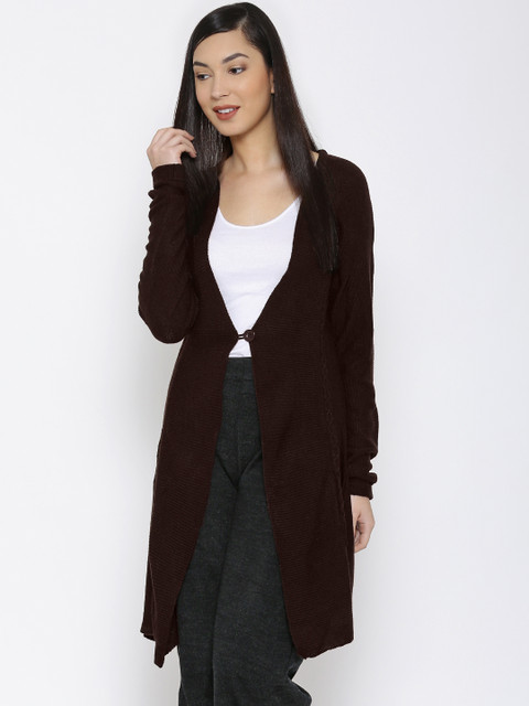 

W Women Brown Self-Design Longline Cardigan
