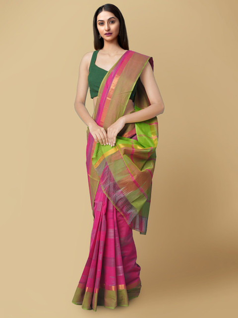

Unnati Silks Pink & Green Woven Design Pure Cotton Handloom Sustainable Mangalagiri Saree