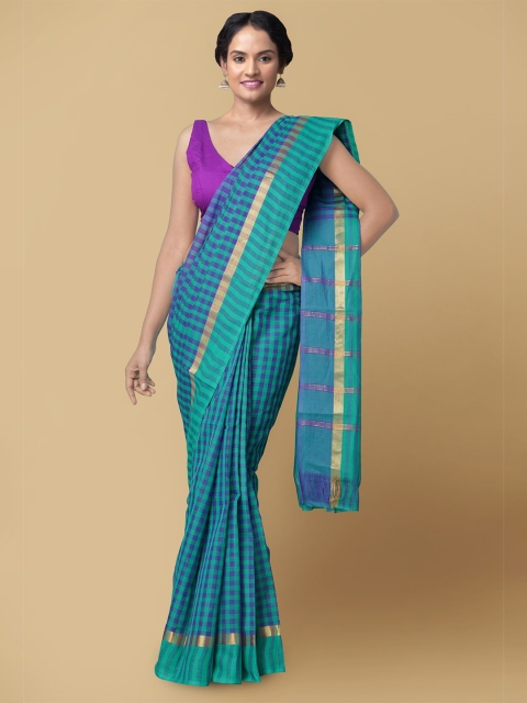 

Unnati Silks Green & Blue Checked Pure Cotton Handloom Sustainable Mangalagiri Saree