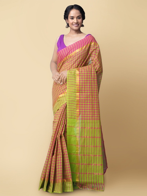 

Unnati Silks Pink & Green Checked Pure Cotton Handloom Sustainable Mangalagiri Saree