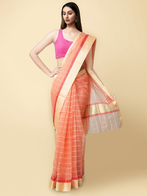 

Unnati Silks Women Orange & Gold-Toned Checks Organza Saree