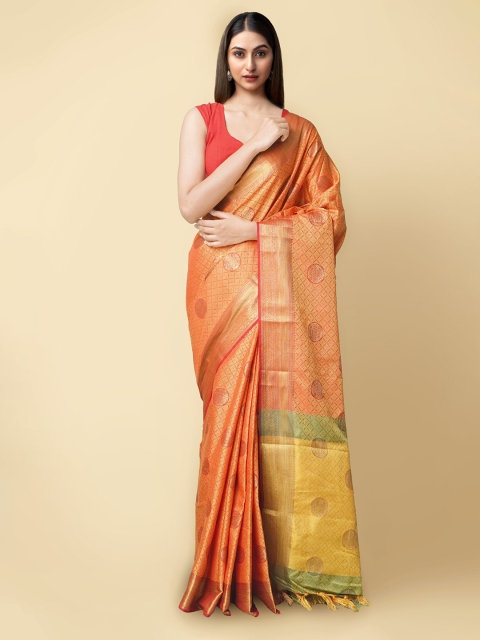 

Unnati Silks Orange & Gold-Toned Ethnic Motifs Art Silk Handloom Patola Saree