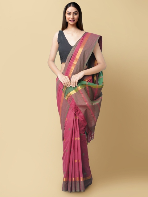 

Unnati Silks Maroon & Green Zari Pure Cotton Handloom Sustainable Chettinad Saree