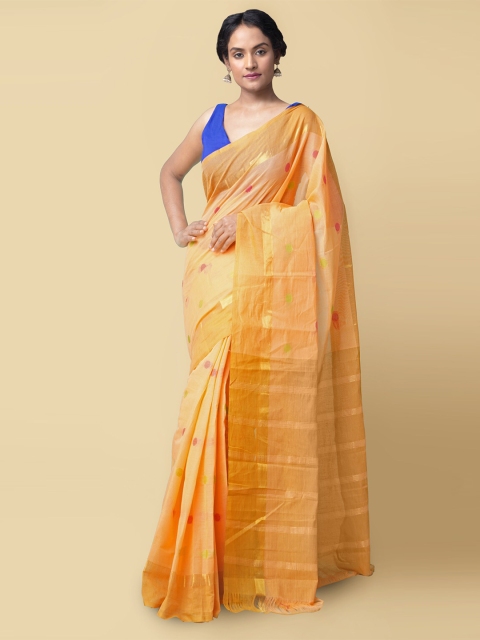 

Unnati Silks Peach-Coloured & Orange Zari Pure Cotton Handloom Sustainable Chettinad Saree