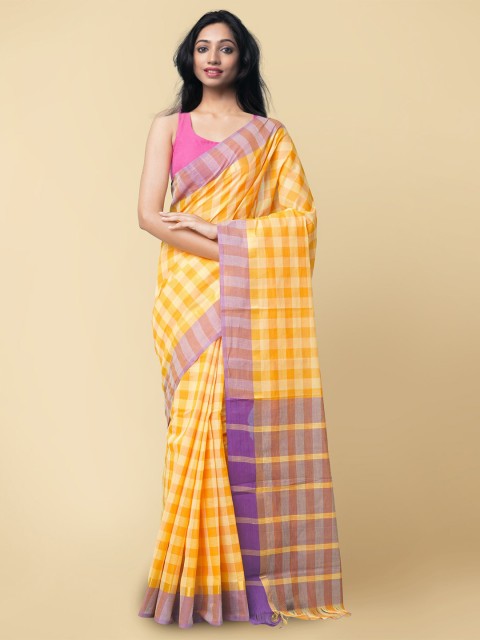 

Unnati Silks Orange & Purple Checked Pure Cotton Handloom Sustainable Mangalagiri Saree