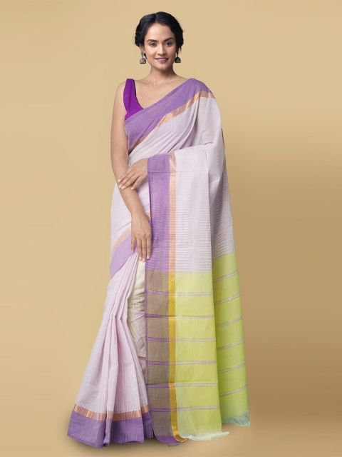 

Unnati Silks Lavender & Green Striped Pure Cotton Handloom Sustainable Mangalagiri Saree