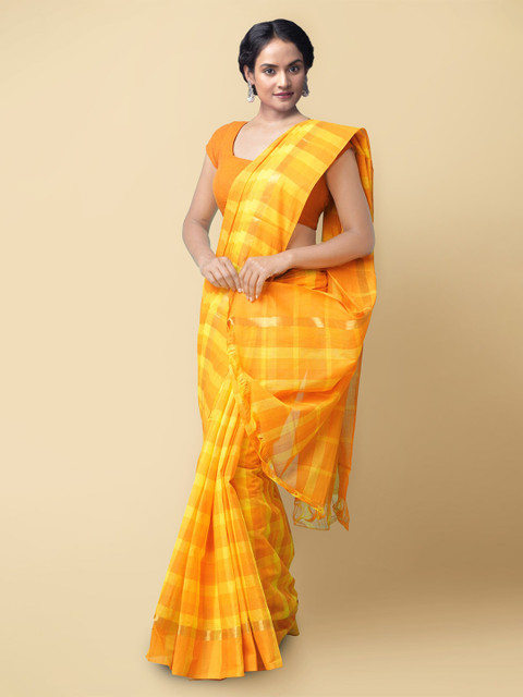 

Unnati Silks Yellow & Orange Checked Pure Cotton Handloom Sustainable Mangalagiri Saree
