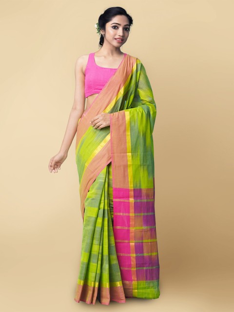 

Unnati Silks Green & Pink Zari Pure Cotton Handloom Sustainable Mangalagiri Saree