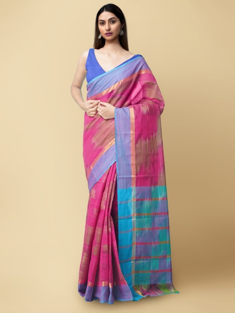 

Unnati Silks Pink & Blue Woven Design Pure Cotton Handloom Sustainable Mangalagiri Saree