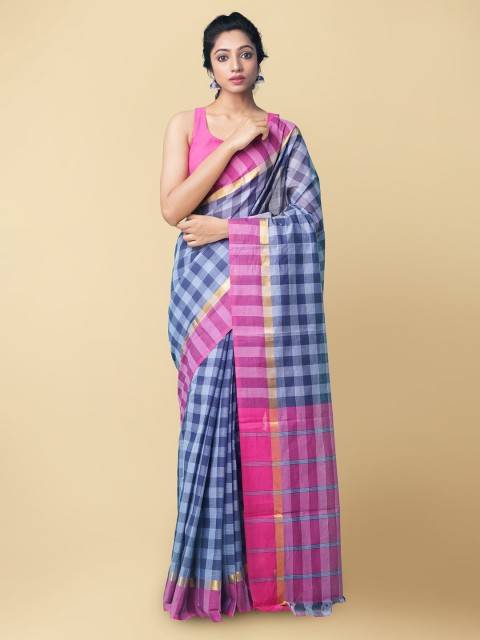 

Unnati Silks Blue & Pink Checked Pure Cotton Handloom Sustainable Mangalagiri Saree